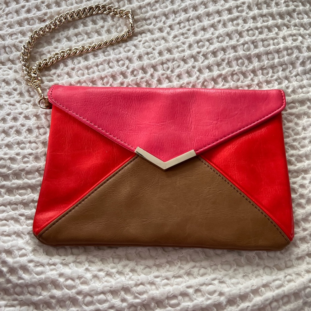 EXPRESS clutch/wristlet bag. Tan, red and pink